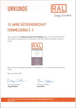 RAL Urkunde 10 Jahre Gütegemeinschaft e.V.